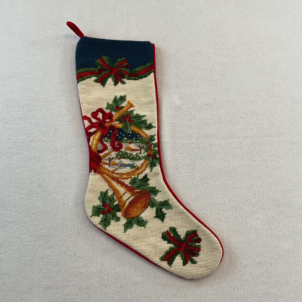 Vintage Needlepoint Christmas Stocking Wool French Horn Holly Velvet Back